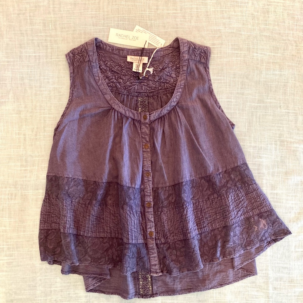 RACHEL ZOE New NWT Sleeveless Top.  Boho blue, lace detail.  Size Small.